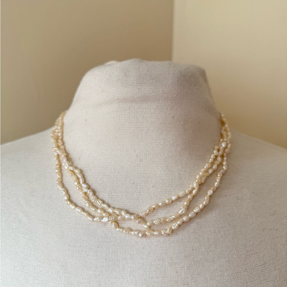 Vintage Jewelry - 1960s Real Rice Pearl 3 Strand Choker